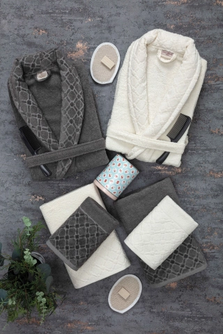 12-Piece Boxed Jacquard Anthracite-Cream Bathrobe & Towel Set - Bridal Bathroom Collection