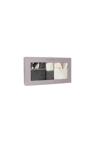 12-Piece Boxed Jacquard Anthracite-Cream Bathrobe & Towel Set - Bridal Bathroom Collection
