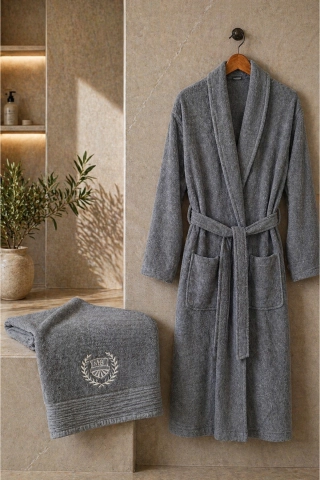 2-Piece 100% Cotton Embroidered Anthracite Bathrobe & Towel Set - Bridal Collection