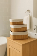 3-Piece Bamboo Multi-Purpose Rectangular Basket Set - Home and Bathroom Storage Organizer Box Photograph-1