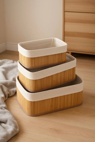 3-Piece Bamboo Multi-Purpose Rectangular Basket Set - Home and Bathroom Storage Organizer Box