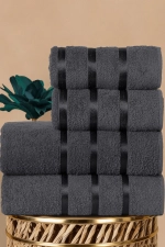 4-Piece 100% Cotton Satin Ribbon Detailed Towel Set - 2 Pcs 70x140 cm and 2 Pcs 50x90 cm Premium Anthracite Bath Towels Photograph-1