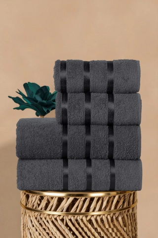 4-Piece 100% Cotton Satin Ribbon Detailed Towel Set - 2 Pcs 70x140 cm and 2 Pcs 50x90 cm Premium Anthracite Bath Towels
