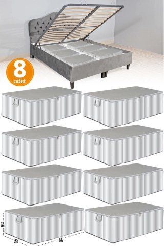 8-Piece Anthracite Striped Large Underbed Organizer Storage Bag Set - Multi-Purpose Clothes and Blanket Blanket Box (65x45x22 cm - Grey)