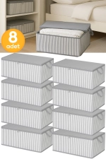 8-Piece Anthracite Striped Large Underbed Organizer Storage Bag Set - Multi-Purpose Clothes and Blanket Blanket Box (65x45x22 cm - Grey) Photograph-2
