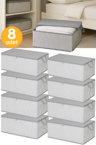 8-Piece Anthracite Striped Large Underbed Organizer Storage Bag Set - Multi-Purpose Clothes and Blanket Blanket Box (65x45x22 cm - Grey)
