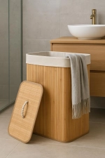 Bamboo Rectangular Laundry Hamper - Foldable Natural Wooden Clothes Storage Basket Organizer Photograph-1