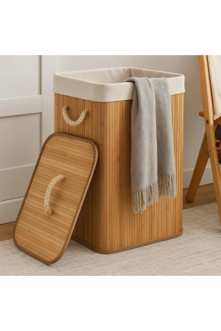 Bamboo Rectangular Laundry Hamper - Foldable Natural Wooden Clothes Storage Basket Organizer