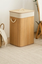 Bamboo Rectangular Laundry Hamper - Foldable Natural Wooden Clothes Storage Basket Organizer Photograph-3