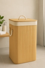 Bamboo Rectangular Laundry Hamper - Foldable Natural Wooden Clothes Storage Basket Organizer Photograph-4