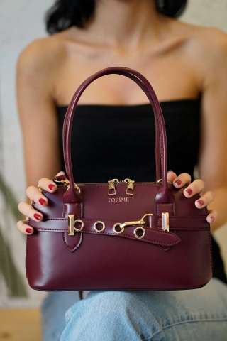 Burgundy Belt Detailed Vegan Leather Women's Crossbody Bag - Elegant & Versatile