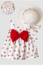 Cherry Pattern Hat Bow Baby Girl Dress Red Set Photograph-1