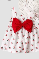 Cherry Pattern Hat Bow Baby Girl Dress Red Set Photograph-3