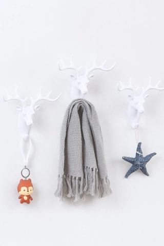 Deer Figured 9-Hook Wall Hanger - Decorative Key Holder Organizer (Drill-Free Adhesive Mount - White)
