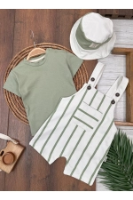 Ensemble Salopette d'Été et Body à Pression pour Bébé Garçon avec Chapeau Safari Rayé Vert Photographie-1