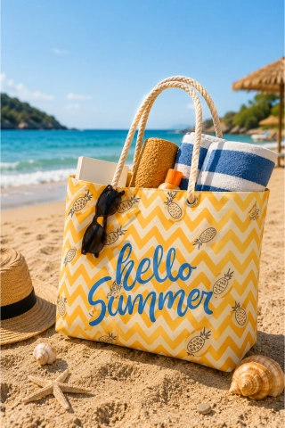 Hello Summer Pattern Beach and Picnic Bag with Rope Handles - Yellow Multi-Purpose Shoulder Tote Bag