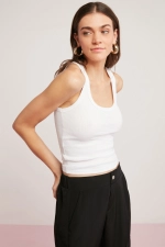 Lillesol Women's Basic White Ribbed Thick Strap Tank Top Blouse Photograph-2