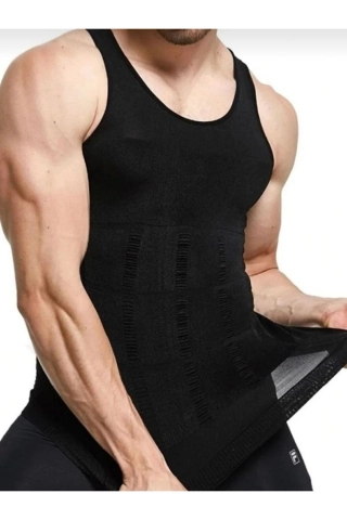 Men's Black Compression Tank Top - Chest Flattener & Tummy Control Posture Corrector