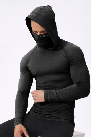 Men's Black Integrated Face Mask Hoodie Sport T-Shirt – Stretch Cotton Long Sleeve Activewear
