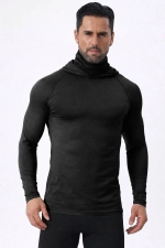 Men's Black Integrated Face Mask Hoodie Sport T-Shirt – Stretch Cotton Long Sleeve Activewear Photograph-2
