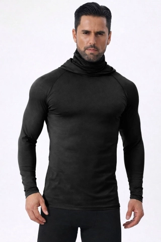 Men's Black Integrated Face Mask Hoodie Sport T-Shirt – Stretch Cotton Long Sleeve Activewear