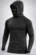 Men's Black Integrated Face Mask Hoodie Sport T-Shirt – Stretch Cotton Long Sleeve Activewear Photograph-3