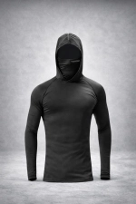 Men's Black Integrated Face Mask Hoodie Sport T-Shirt – Stretch Cotton Long Sleeve Activewear Photograph-4