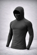 Men's Black Integrated Face Mask Hoodie Sport T-Shirt – Stretch Cotton Long Sleeve Activewear Photograph-6