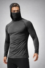 Men's Black Integrated Face Mask Hoodie Sport T-Shirt – Stretch Cotton Long Sleeve Activewear Photograph-7