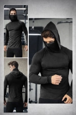 Men's Black Integrated Face Mask Hoodie Sport T-Shirt – Stretch Cotton Long Sleeve Activewear Photograph-8