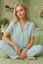 Mint Green Checkered Crinkle Fabric Short Sleeve Pajama Set Photograph-1