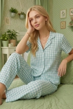 Mint Green Checkered Crinkle Fabric Short Sleeve Pajama Set Photograph-2