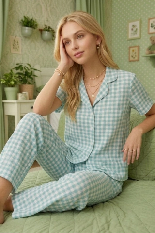 Mint Green Checkered Crinkle Fabric Short Sleeve Pajama Set