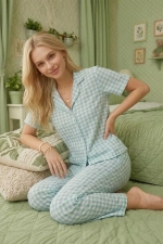 Mint Green Checkered Crinkle Fabric Short Sleeve Pajama Set Photograph-3
