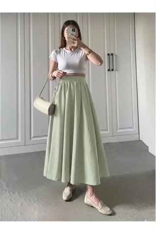 Mint Green Elastic Waist Double Fabric Skirt with Pockets
