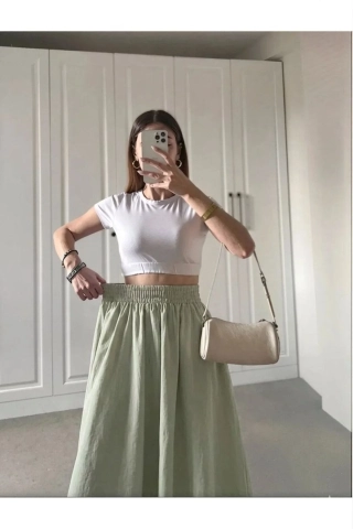Mint Green Elastic Waist Double Fabric Skirt with Pockets