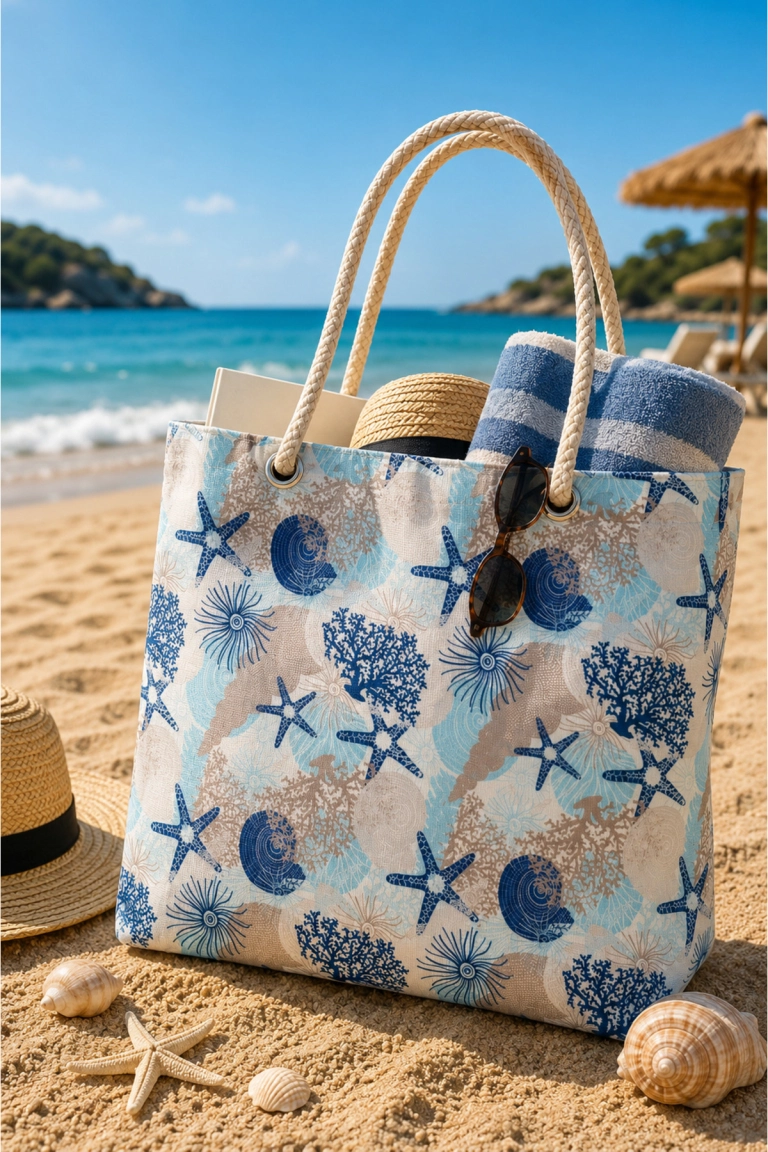 Starfish Pattern Beach and Picnic Bag with Rope Handles - Blue Multi-Purpose Shoulder Tote Bag