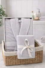 Trendy Bademantel mit Schalkragen und Haartuch Set Grau – 100% Baumwolle Premium Saunamantel foto-1