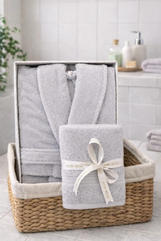 Trendy Shawl Collar Bathrobe and Hair Towel Set Grey – 100% Cotton Premium Spa Robe Set