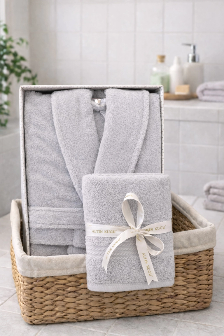 Trendy Bademantel mit Schalkragen und Haartuch Set Grau – 100% Baumwolle Premium Saunamantel