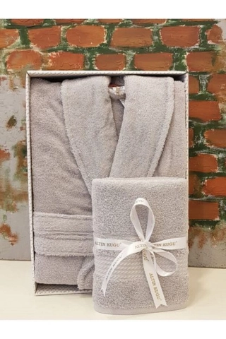 Trendy Shawl Collar Bathrobe and Hair Towel Set Grey – 100% Cotton Premium Spa Robe Set