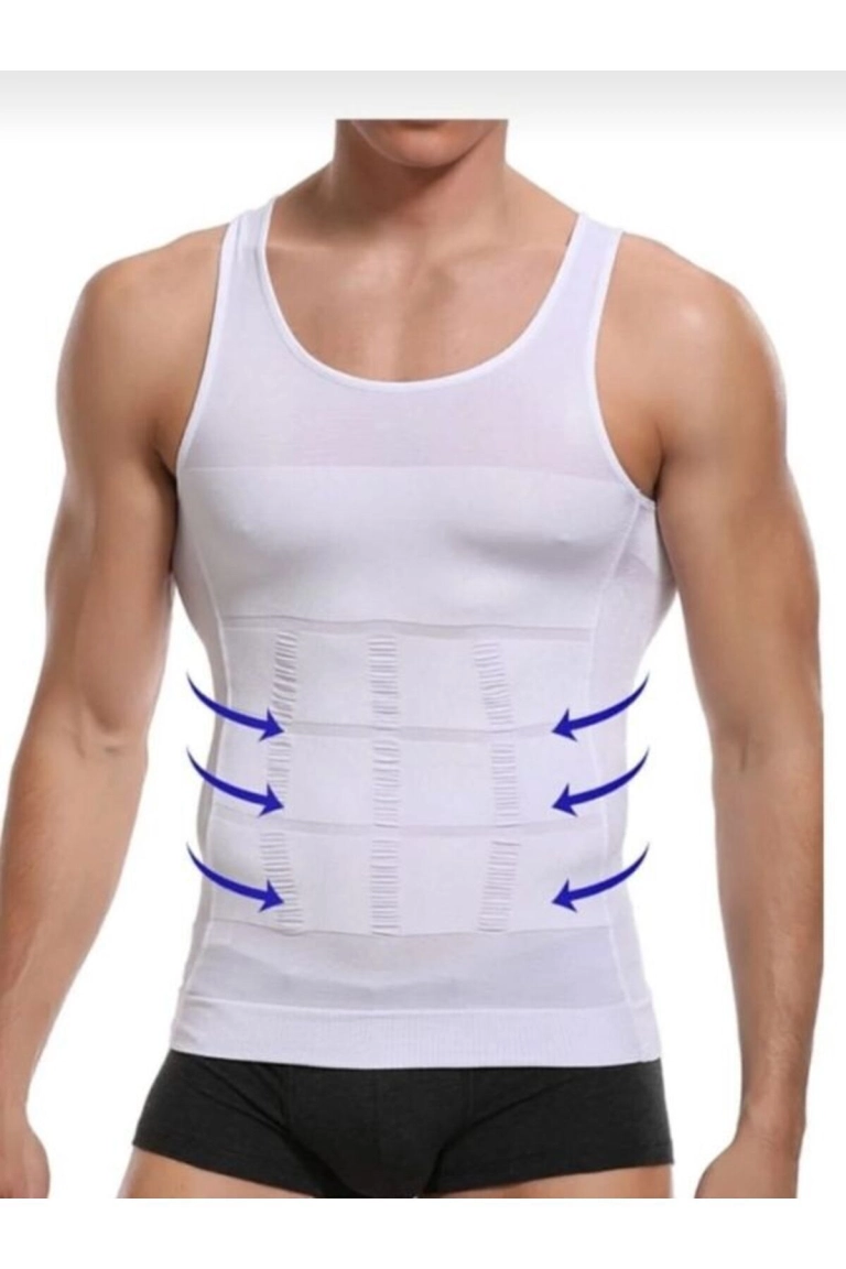 مشد رجالي أبيض - تي شيرت ضاغط لشد البطن والصدر ومصحح وضعية الظهر