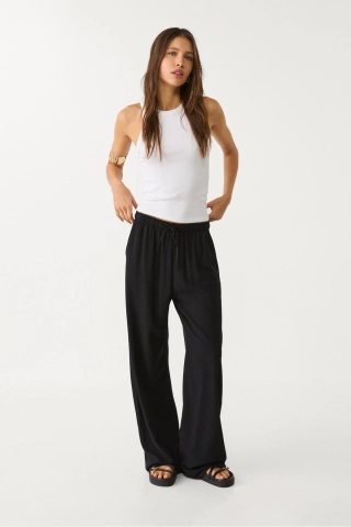 Women's Black Linen Blend Wide Leg Trousers