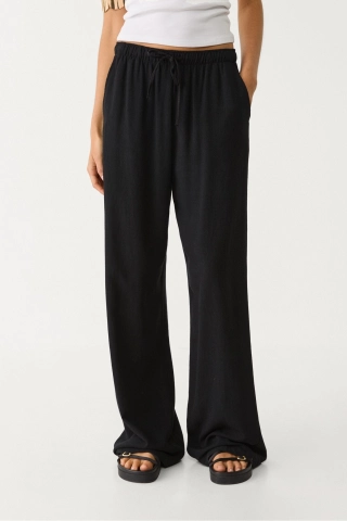 Women's Black Linen Blend Wide Leg Trousers