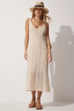 Women's Cream Strappy Openwork Summer Knit Dress - Size: S/M Photograph-3