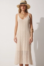 Women's Cream Strappy Openwork Summer Knit Dress - Size: S/M Photograph-4