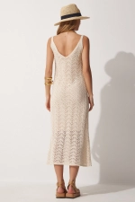 Women's Cream Strappy Openwork Summer Knit Dress - Size: S/M Photograph-5