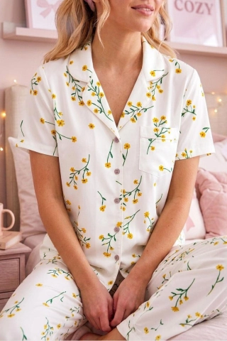 Women's Floral Print Short Sleeve Crinkle Pajama Set