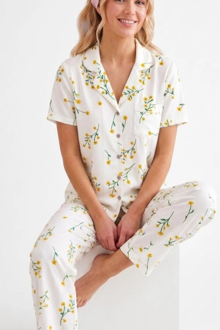 Women's Floral Print Short Sleeve Crinkle Pajama Set