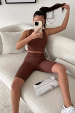 Women's High Waisted Shaping Matte Biker Shorts - Brown Photograph-1